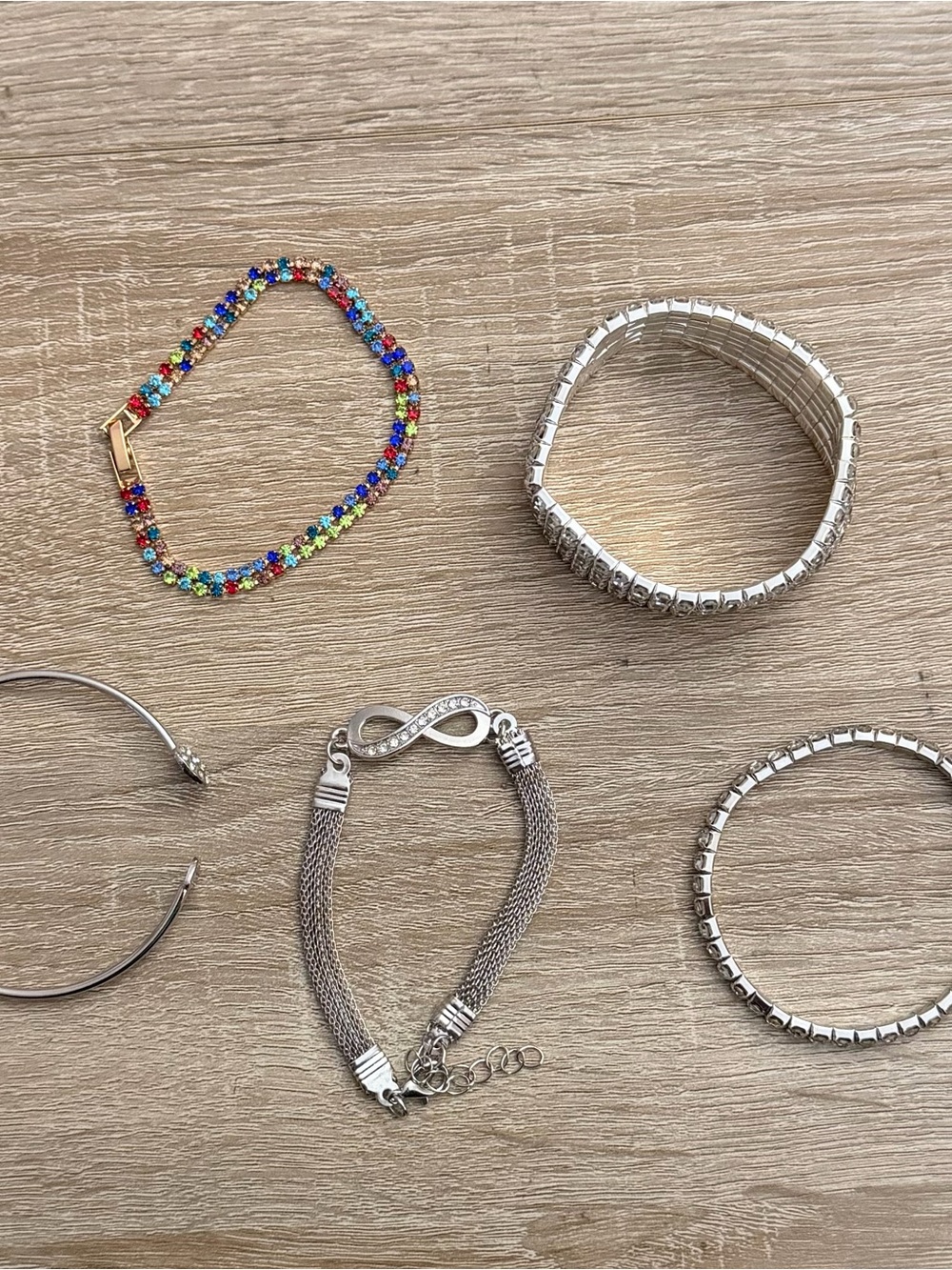5-Piece Silver Tone Rhinestone Bracelet Bundle | Infinity, Heart & Crystal NWOT